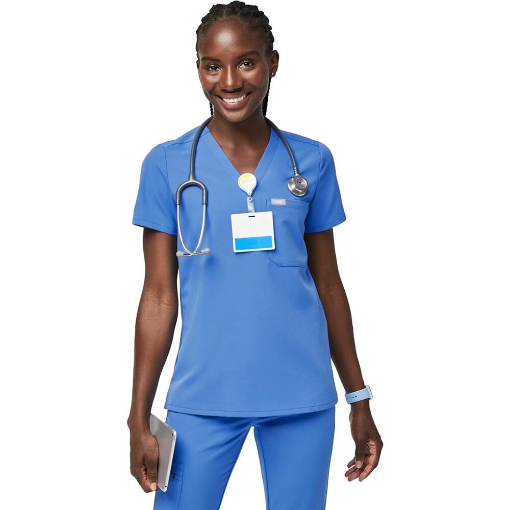Figs Catarina One-Pocket V-Neck Short Sleeve Classic Fit Scrub Top Capri Blue S